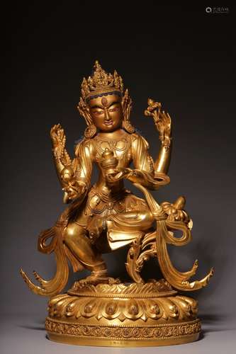 The gilt bronze Statue of the four-arm Avalokitesvara of the...