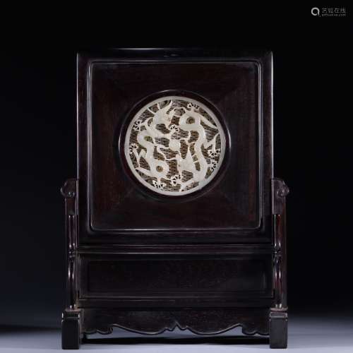 Wada jade Double dragon play beads inlaid with mahogany inse...