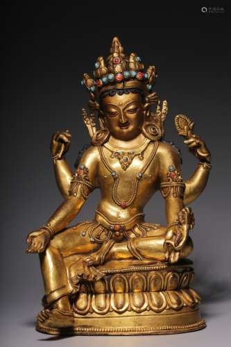 Gilt bronze embedded treasure four arms seated Avalokitesvar...