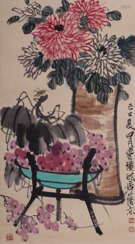 Qi Baishi Autumn rhyme drawing color paper vertical axis