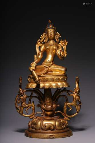 Gilt bronze embedded treasure free Avalokitesvara statue