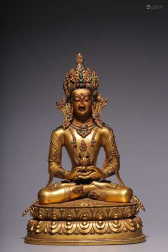 Gilt bronze embedded treasure seated Buddha longevity