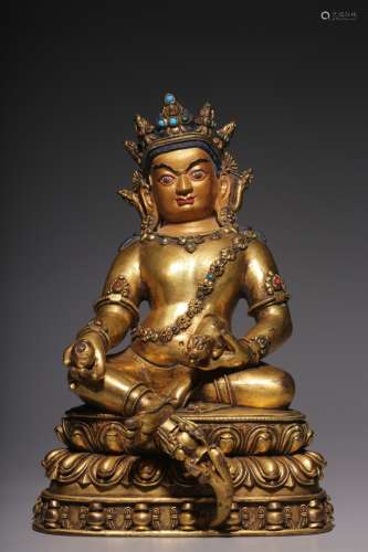 Gilt bronze embedded treasure yellow seated God of wealth