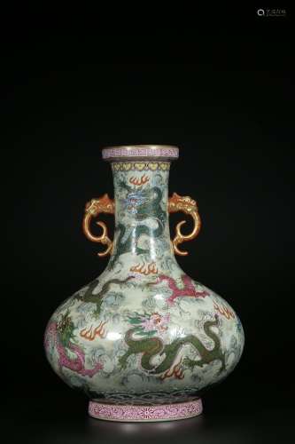 Vase with two ears and pastel dragon pattern from the Qing D...