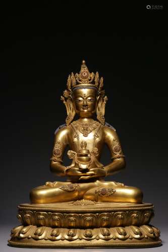 Bronze gilt seated Buddha statue of longevity embedded with ...