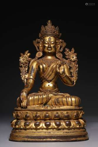 Bronze gilt white Tara sitting in Qing Dynasty