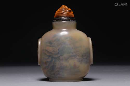 An agate interior painted landscape snuff bottle from the Qi...