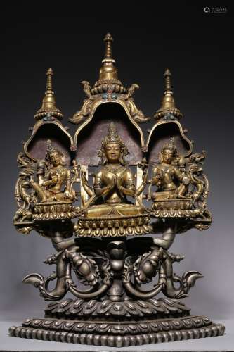 Gilt bronze seated Buddha statue of Avalokitesvara with four...