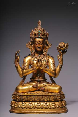 Gilt bronze embedded treasure four arms seated Avalokitesvar...