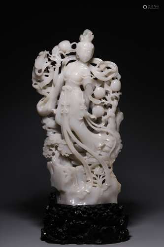 In the Qing Dynasty, hollowed-out white jade Magu offered lo...