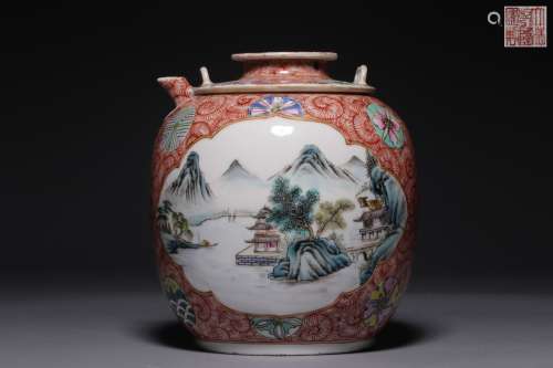 A teapot with pastel flowers and landscape Windows in Qing D...