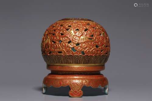 Qing Dynasty lacquer red gold carving cloud pattern aromathe...