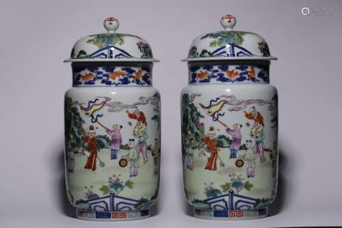 Qing Dynasty pastel baby print lid jar pair