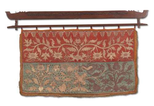 AN INDONESIAN GOLD-EMBROIDERED TEXTILE PANEL PROBABLY SUMATR...