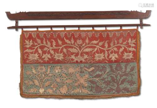 AN INDONESIAN GOLD-EMBROIDERED TEXTILE PANEL PROBABLY SUMATR...