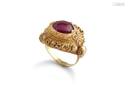 AN INDONESIAN RUBY-SET MAJAPAHIT STYLE GOLD RING JAVA OR BAL...