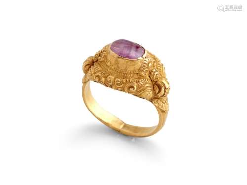 AN INDONESIAN RUBY-SET MAJAPAHIT STYLE GOLD RING JAVA OR BAL...