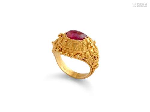 AN INDONESIAN RUBY-SET GRANULATED GOLD RING JAVANESE, 19TH C...
