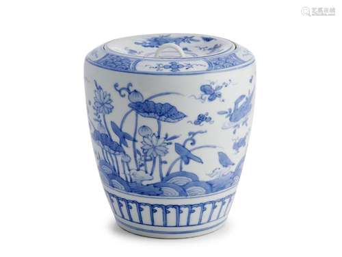 A JAPANESE KYOYAKI BLUE AND WHITE MIZUSASHI BY DOHACHI IV (1...