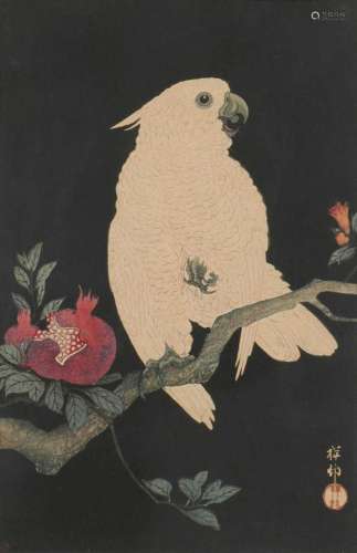 `COCKATOO AND POMEGRANATE`, C.1927 FRAMED WOODBLOCK PRINT BY...