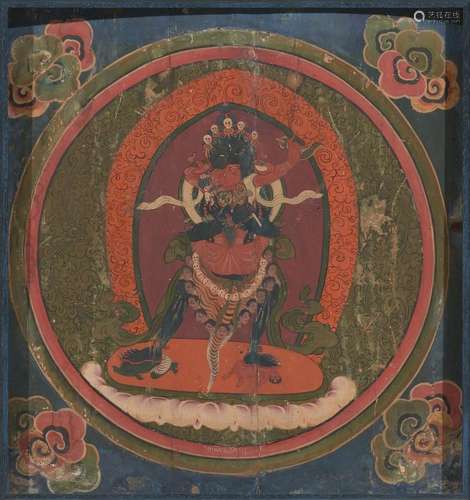 A TIBETAN PAINTED WOODEN PANEL OF CHAKRASAMVARA IN YAB YUM 1...