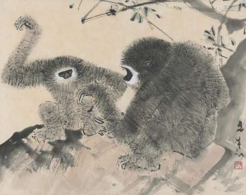 A CHINESE PAINTING OF GIBBONS BY CHEN WEN HSI (1906-1991) CI...
