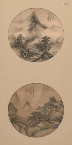 TWO CHINESE ROUND INK PAINTINGS ON SILK QING DYNASTY (1644-1...