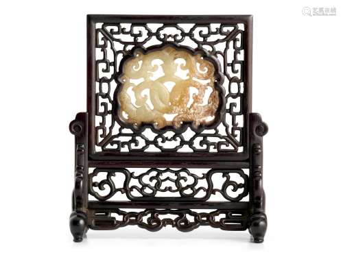 A CHINESE ARCHAISTIC JADE EMBELLISHED ZITAN TABLE SCREEN QIN...