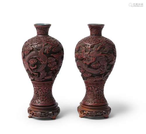 A PAIR OF CHINESE CINNABAR DRAGON VASES QING DYNASTY (1644-1...