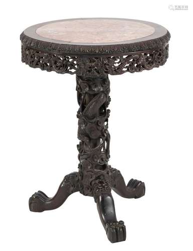 A CHINESE CARVED MARBLE-INSET HONGMU SIDE TABLE QING DYNASTY...