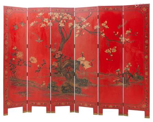 A CHINESE RED TIANQI LACQUER SIX-PANEL SCREEN QING (1644-191...