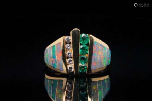 Kabana 0.40ctw Emerald, Opal and 18K Ring W/Diamonds