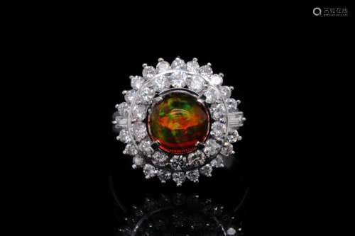 1.80ct Fire Opal, 1.25ctw Diamond and Platinum Ring