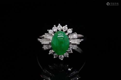 1.25ct Green Jade, 0.70ctw Diamond and Platinum Ring