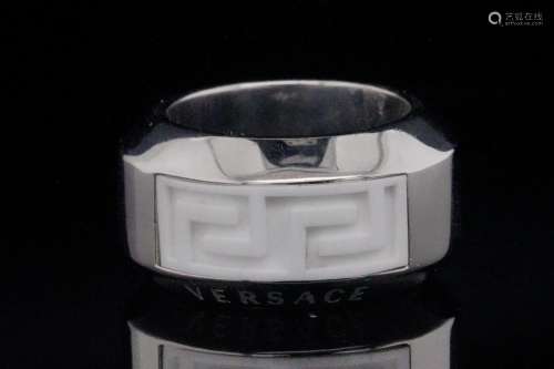 Versace 18K & White Ceramic 12.5mm Wide Greca Ring