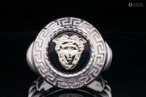 Solid 18K White Gold and Onyx Medusa Head Ring