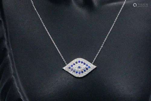 1.15ctw Diamond and Blue Sapphire 14K Evil Eye Necklace