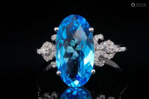 5.00ct Blue Topaz, Diamond and 14K White Gold Ring