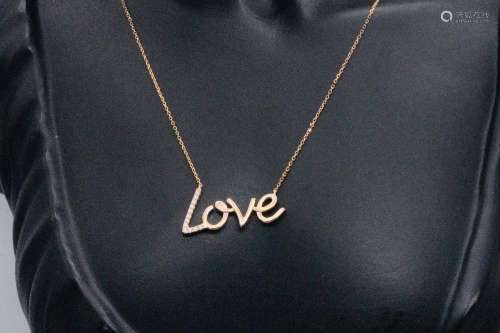 14K Rose Gold "Love" Necklace W/Diamond Accents