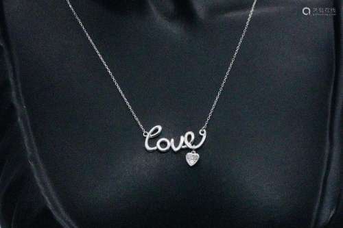 14K White Gold "Love" Necklace W/Diamond Accents