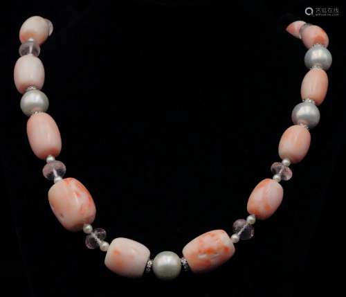 12mm-21mm Pink Coral, Pearl, & Rose Quartz Necklace