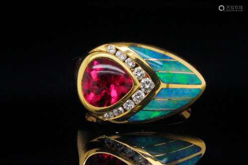 Kabana 1.00ct Pink Tourmaline, Diamond, Opal 18K Ring