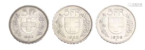Confédération Helvétique, 3 pièces de 5 francs en argent &qu...