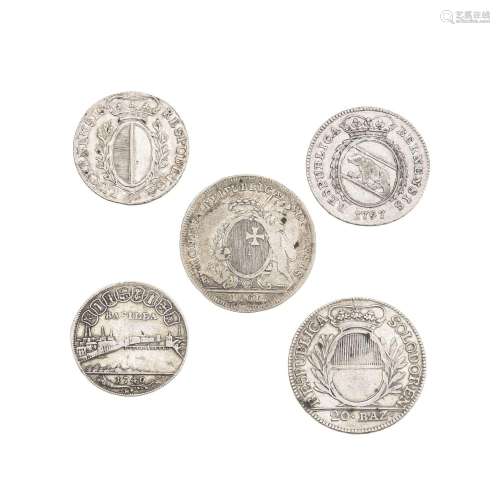 Lot de 5 monnaies en argent de villes suisses au XVIIIe s., ...