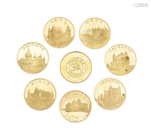 Châteaux du canton de Vaud, coffret contenant 7 médailles en...