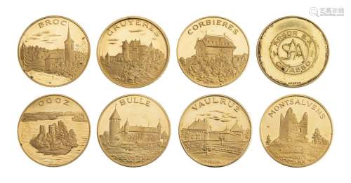 Châteaux du Canton de Fribourg, 7 médailles en or .900 et 1 ...