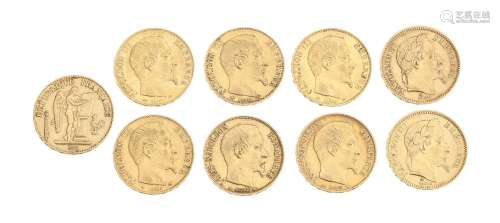 Série de 9 pièces de 20 francs français en or du XIXe s., co...