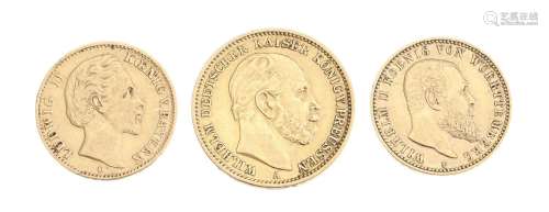 Empire allemand, lot de 3 monnaies en or .900, comprenant : ...