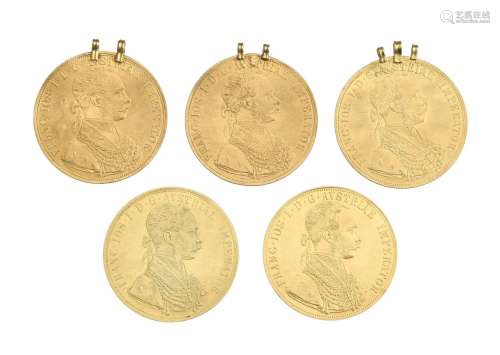 Série de 5 pièces de 4 ducats en or .986, Autriche, comprena...