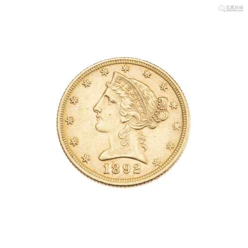 Etats-Unis, 5 dollars en or 1892 "Liberty Head", P...